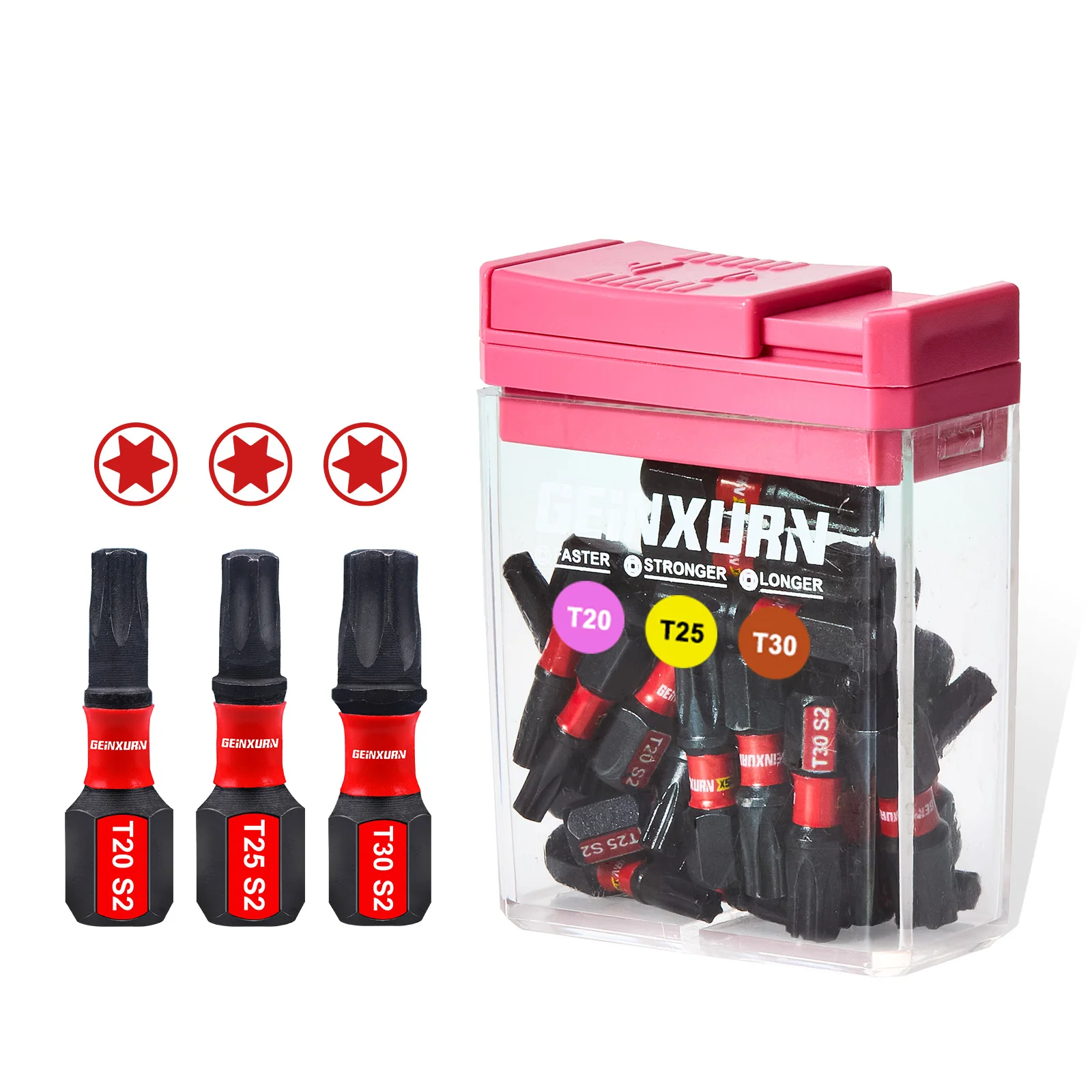 

Geinxurn, 30 шт., 1-дюймовый набор ударных отверток Torx, стальные многофункциональные биты S2 с цветной коробкой для хранения (розовый)