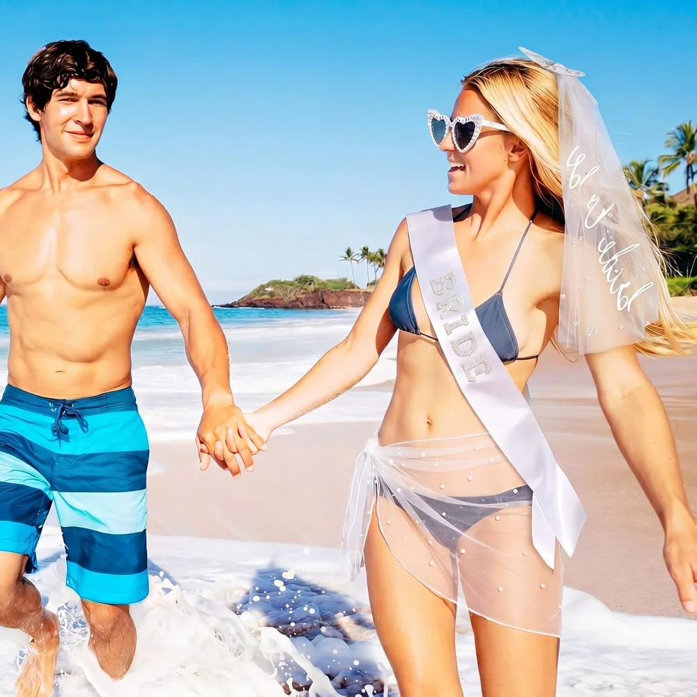 4-teiliges Braut-Accessoire-Set: Perlen-Sarong, Herz-Sonnenbrille, Schärpe, Tüllschleier für Junggesellinnenabschied und Brautparty-Dekoration – Detail 5