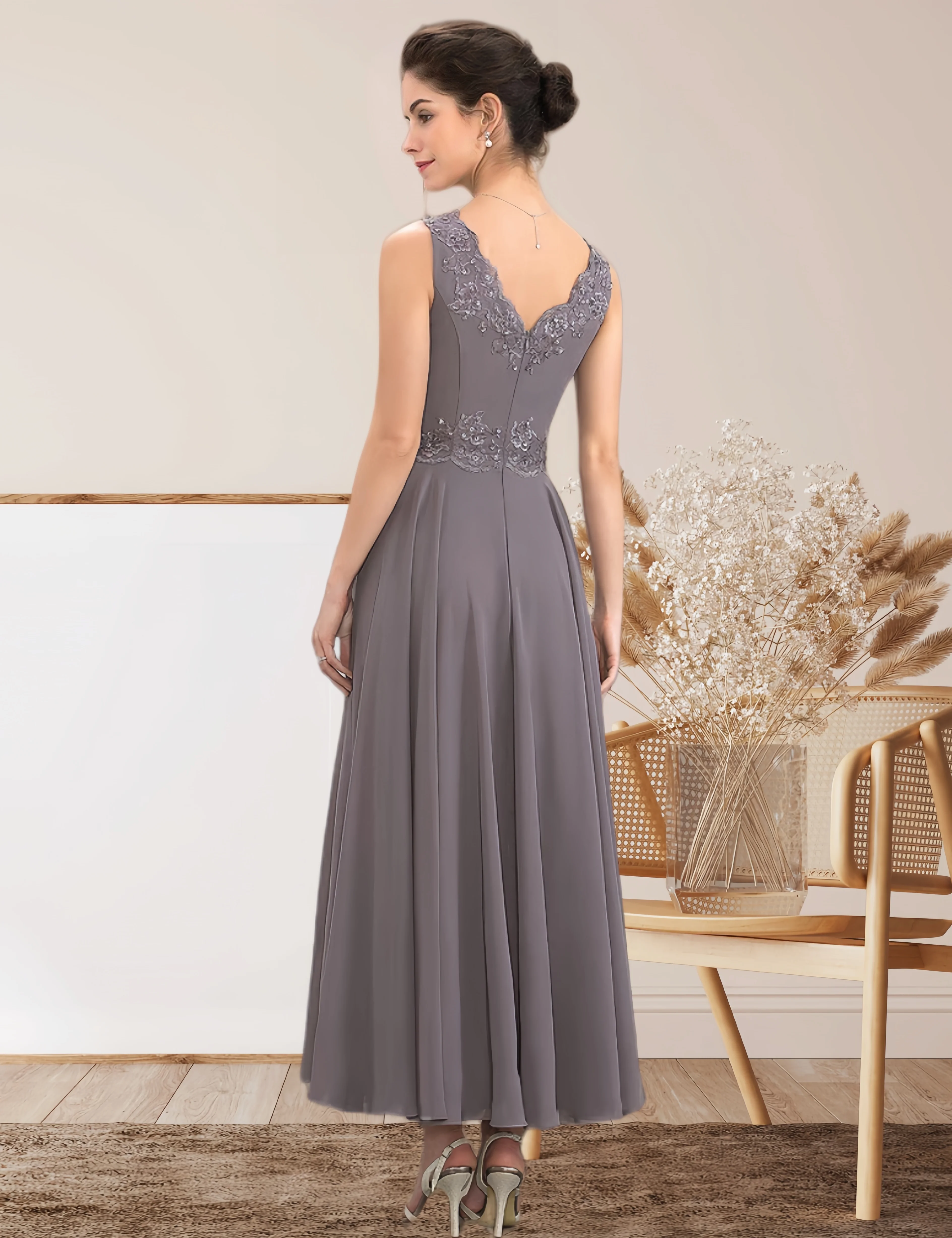 LinasBridal A-Line Wedding Guest Dresses Elegant Dress Formal Tea Length Sleeveless V Neck Chiffon with Appliques Beading 2024