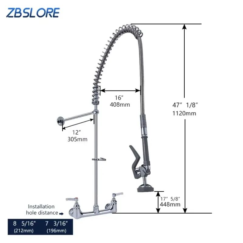 20,3 cm großer, moderner Design-Spülbecken-Wasserhahn, ausziehbares Spray, robuste Wandmontage, kommerzieller Wasserhahn für die Küche, 2 Löcher