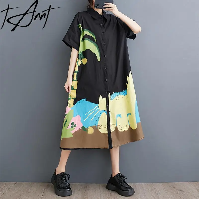 

Tannt Women Dress Fashion Loose Printing Shirt Dresses Color Matching Casual Long Summer Shirts Dresses 2025 New