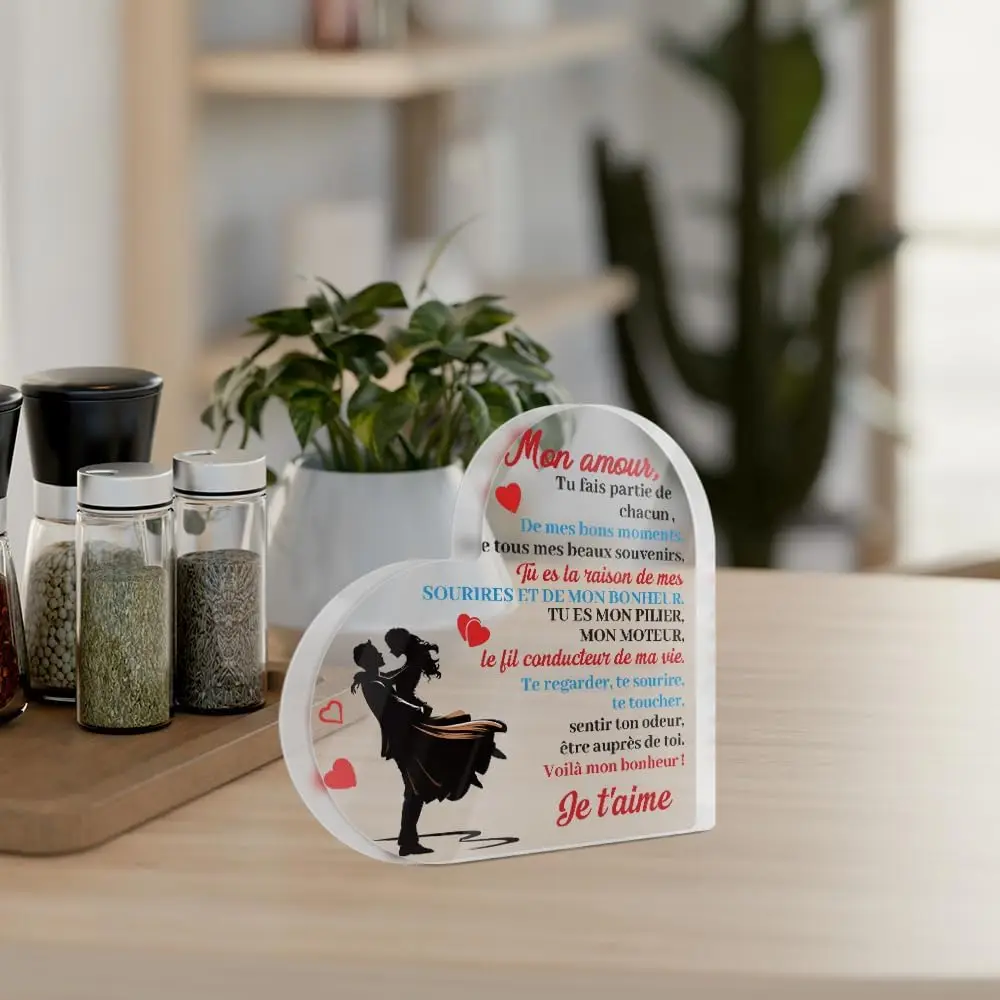 Je T'aime French Confession Heart Acrylic Tabletop Plaque Anniversary Sentimental Gift For Lover Partner,Heart‑Shaped Acrylic Plaque Mon Amour French Love Quote Dancing Couple Silhouette Freestanding Romantic Keepsake Gift