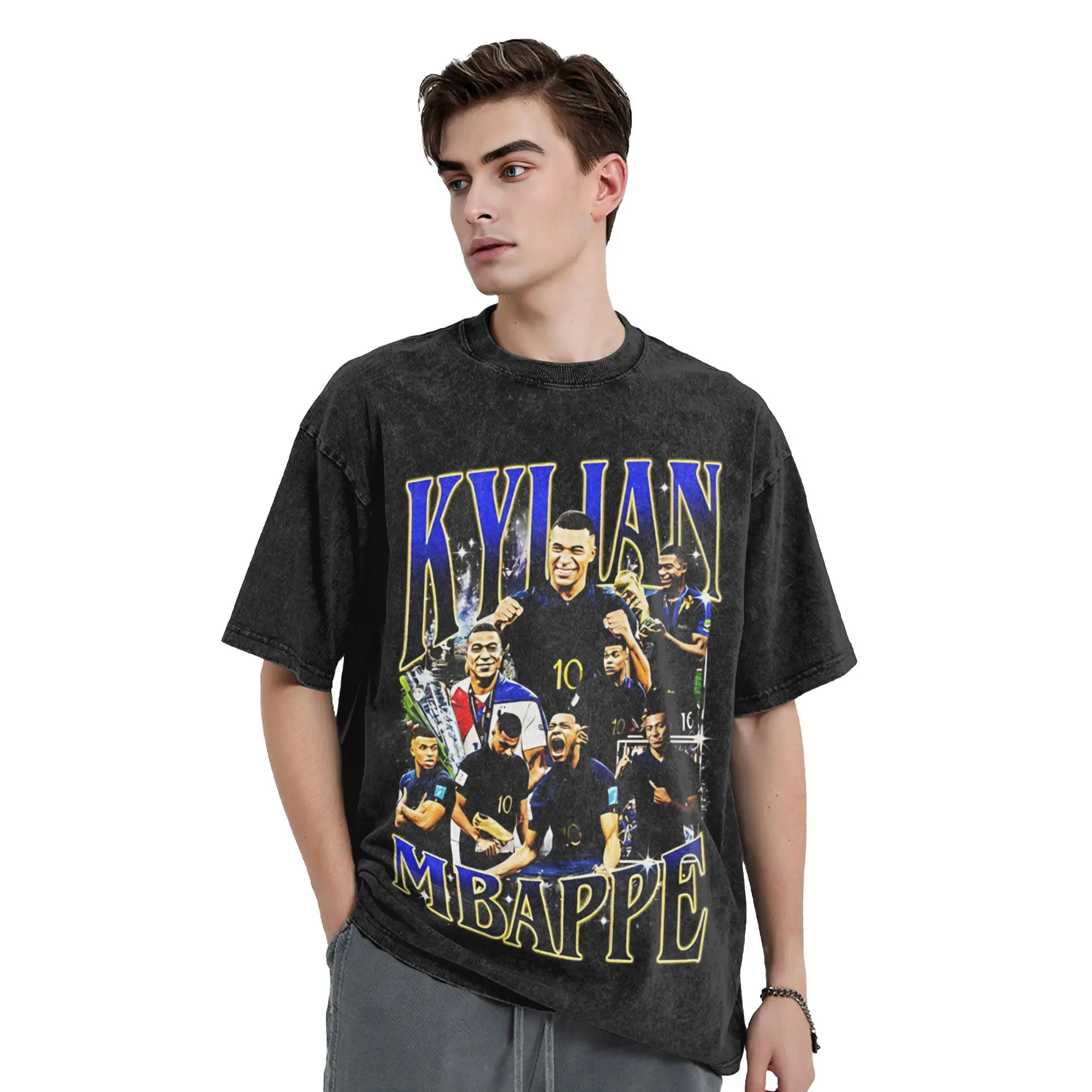 Retro Mbappes T Shirts Hip Hop Washed Cotton T-Shirt Soccer Football Fashion Men Women Tops Streetwear Summer Tee Shirt