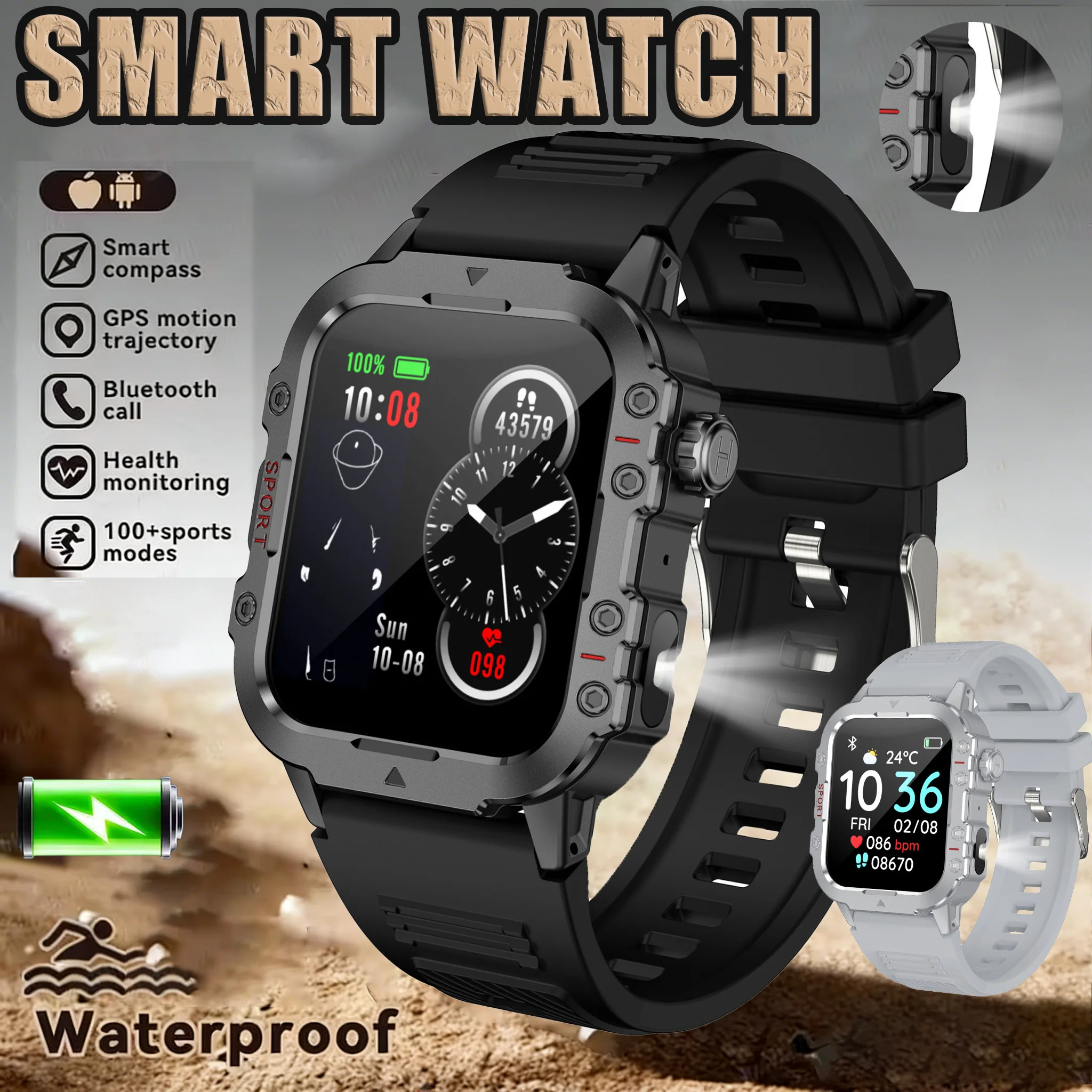 2026 New Outdoors Smart Watch LED Flashlight IP68 WaterProof Multi-Sport Mode Heart Rate Blood Oxygen Monitoring Men Smartwatch