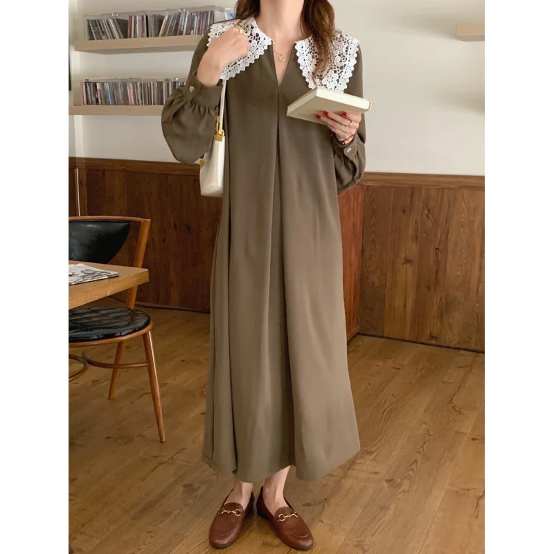 الرجعية هوك زهرة كبيرة التلبيب فستان الفرنسية شيك المرقعة أنيقة فستان بأكمام طويلة المرأة الخريف سليم طويل ألف خط قميص فستان