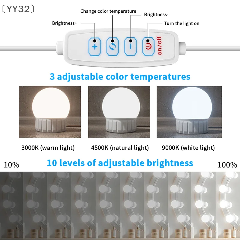[[YY32]: LED لمبات قابلة للفصل مرآة لوضع مساحيق التجميل مصباح USB الطاقة مرآة لمستحضرات التجميل ضوء منضدة الزينة الإضاءة عكس الضوء LED أضواء الغرور