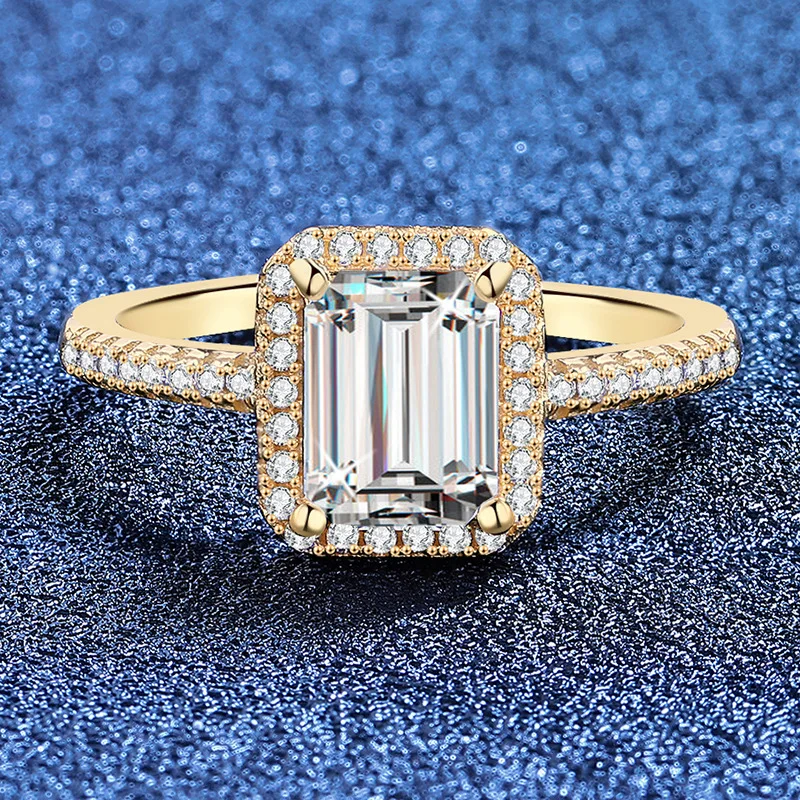 High-end hand jewelry 24K real gold ring four-claw sugar cube emerald radiant cut au9999 pure gold moissanite wedding ring