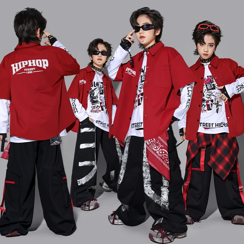Hip Hop Modern Dancing Boys Contrast Sweatshirt Red Vest Cargo Pants Girls K-pop Street Dance Clothes Sets Kids Jazz Costumes