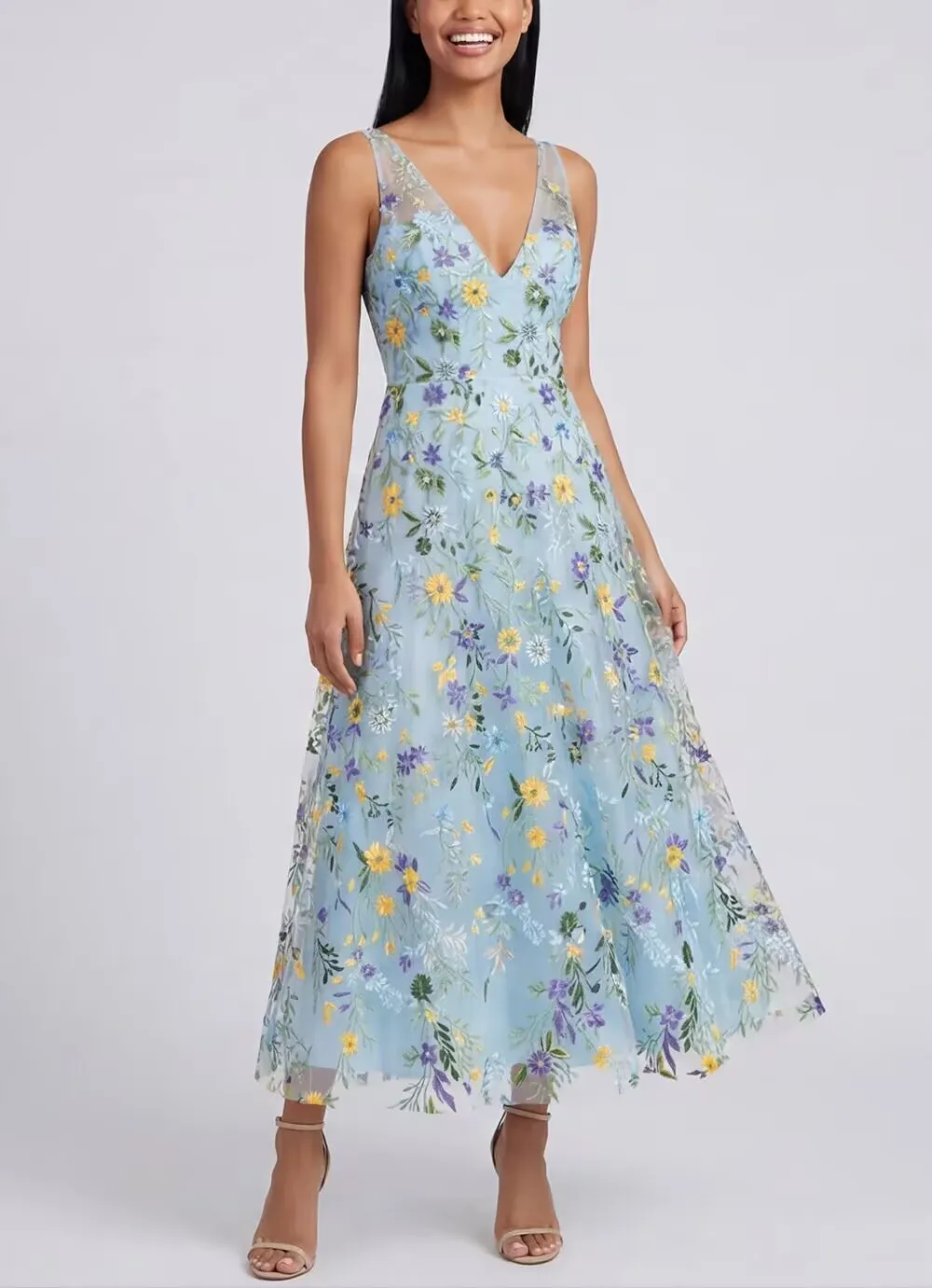 Customized V-neck Ankle Length Flowers Sleeveless Vestidos Para Bodas Mujer Invitada Evening Dresses فساتين فساتين سهره 드레스 Robe