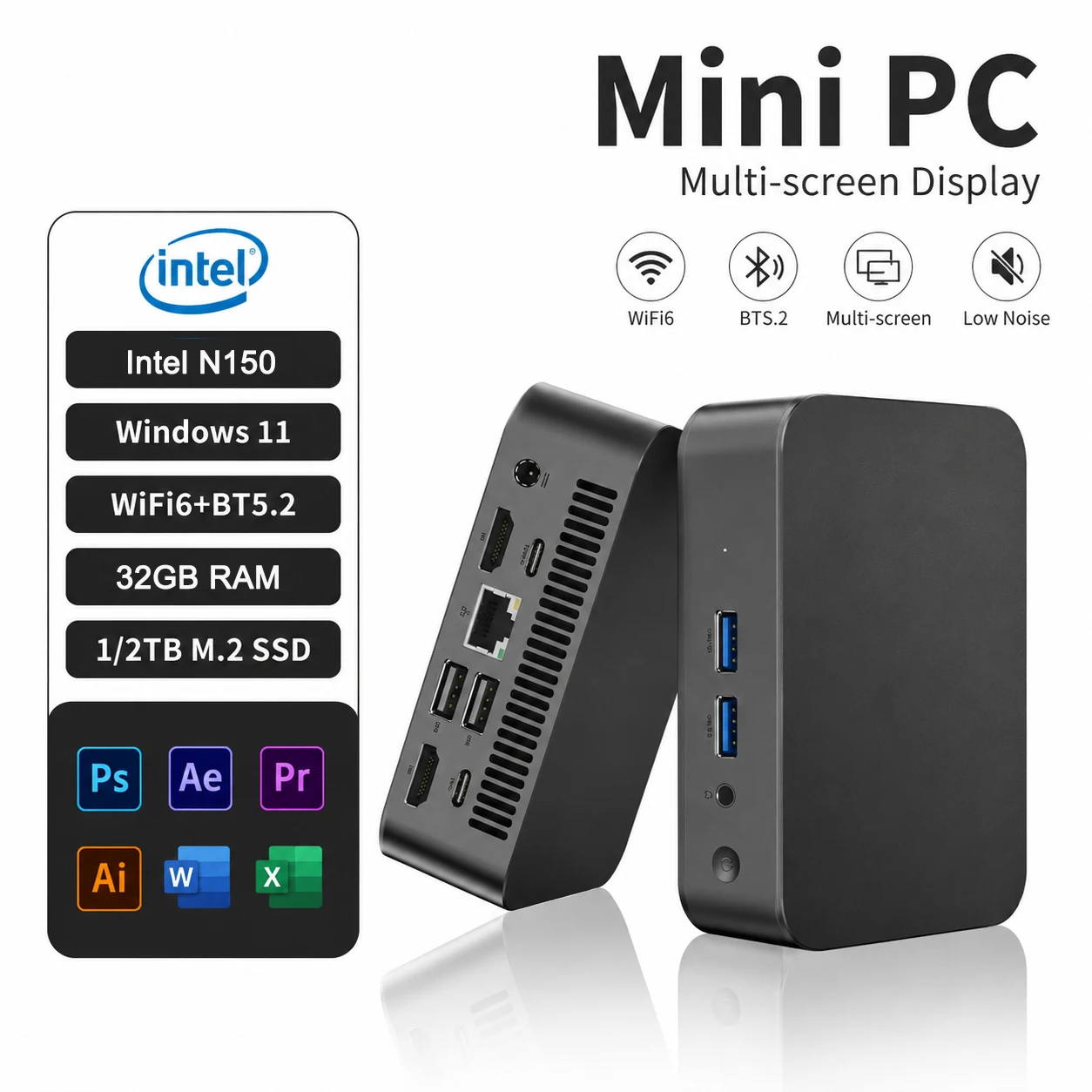 LENO NEW Mini PC Gamer Computer Windows 11 Intel N150 32GB RAM 1/2TB SSD FHD Bluetooth WiFi6 TYPE-C Gaming Office 4K HDMI