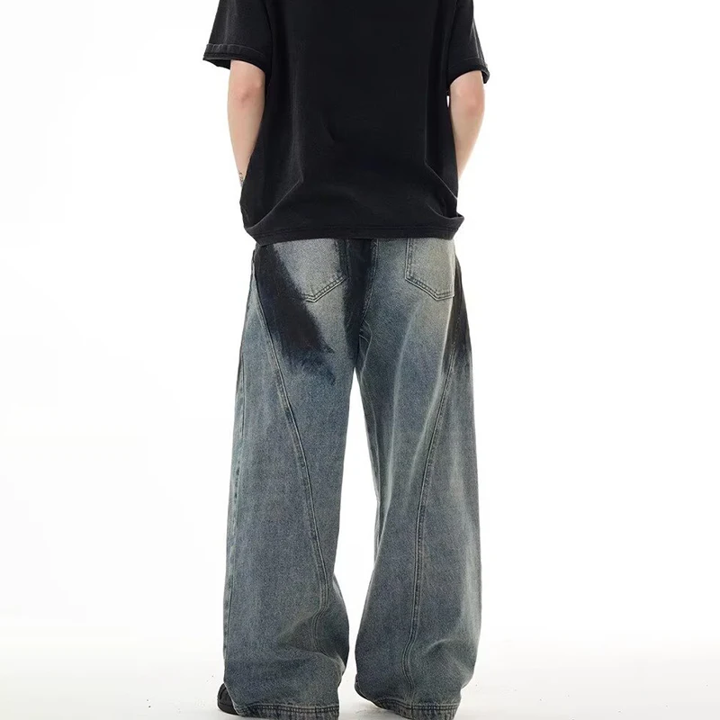 Retro herenbroek met rechte pijpen, casual broek, gescheurde denim, jeans in paarstijl, mode-jeans, blauwe jeans met kleurblokken