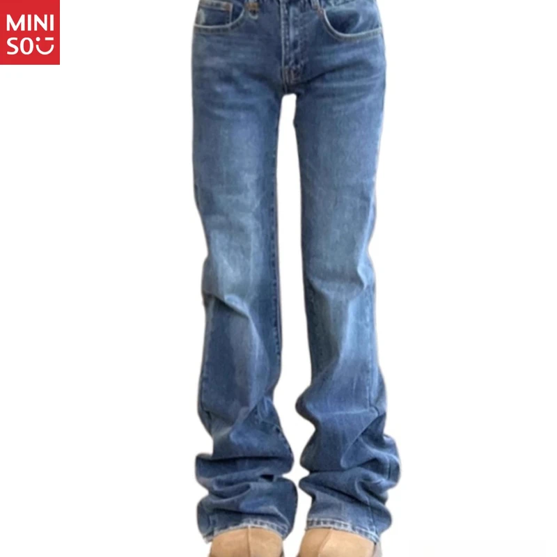 Miniso Plus Size Embroidered Flare Jeans, Low Rise Stacked Denim, Vintage Blue Trousers