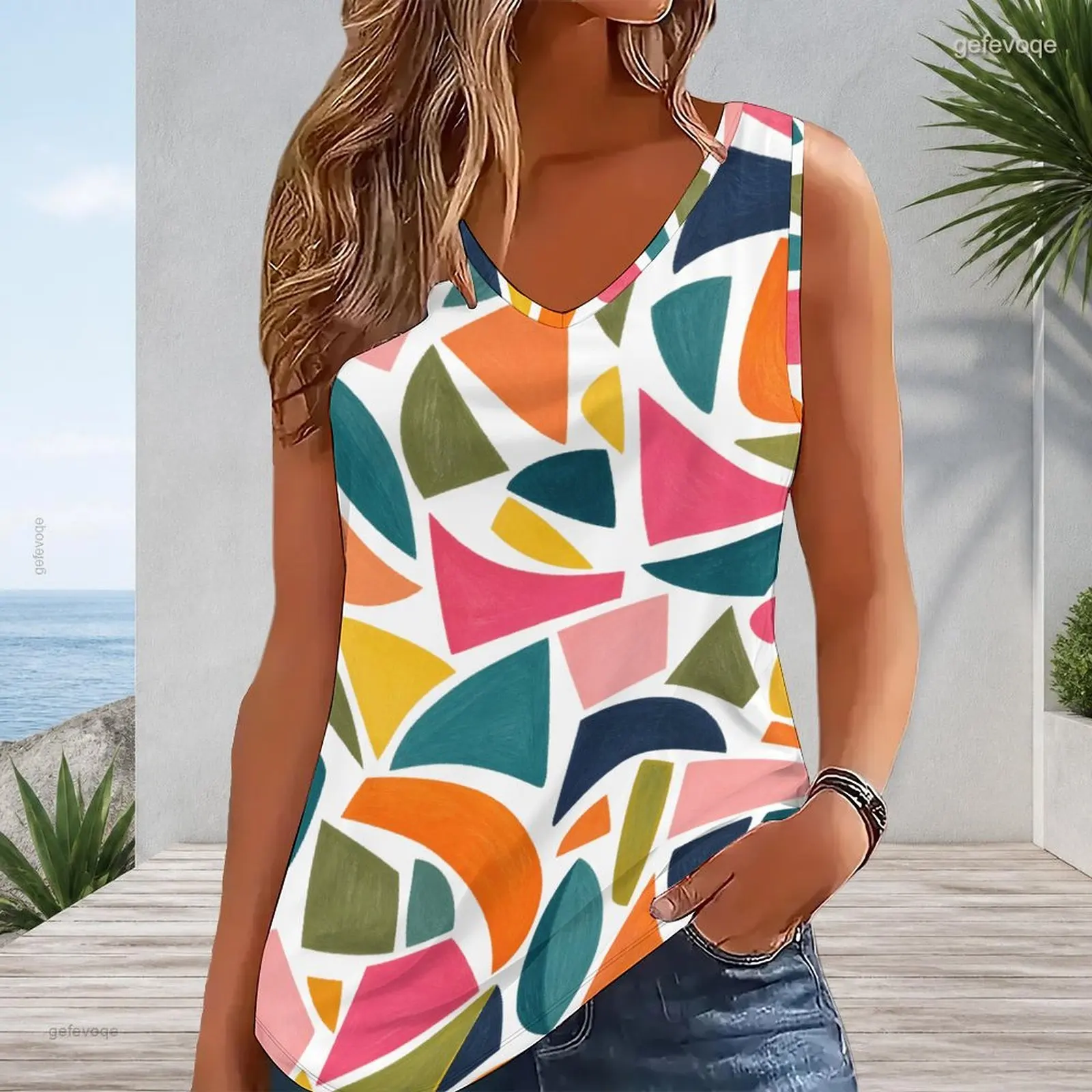 Women White Base Black Grey Abstract Brush Stroke Printed V Neck Sleeveless Tank Top