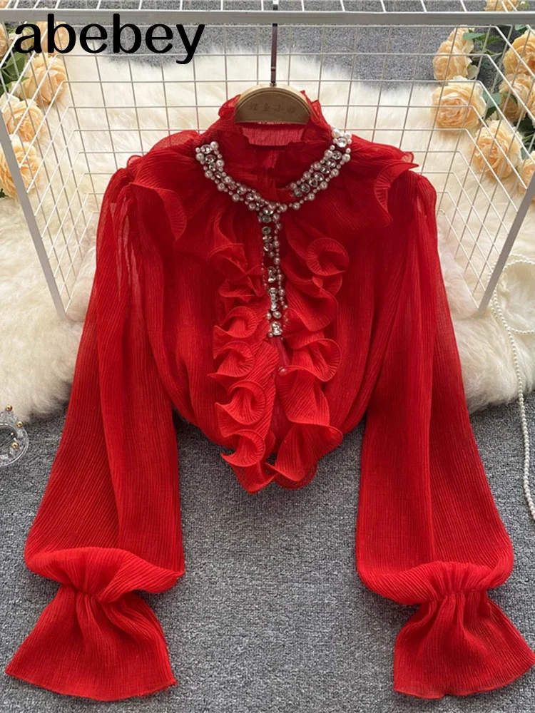 French Elegant Shirts Women Design Diamonds Loose Casual Tops Long Sleeve Ruffles Gentle Office Lady Blouses Spring