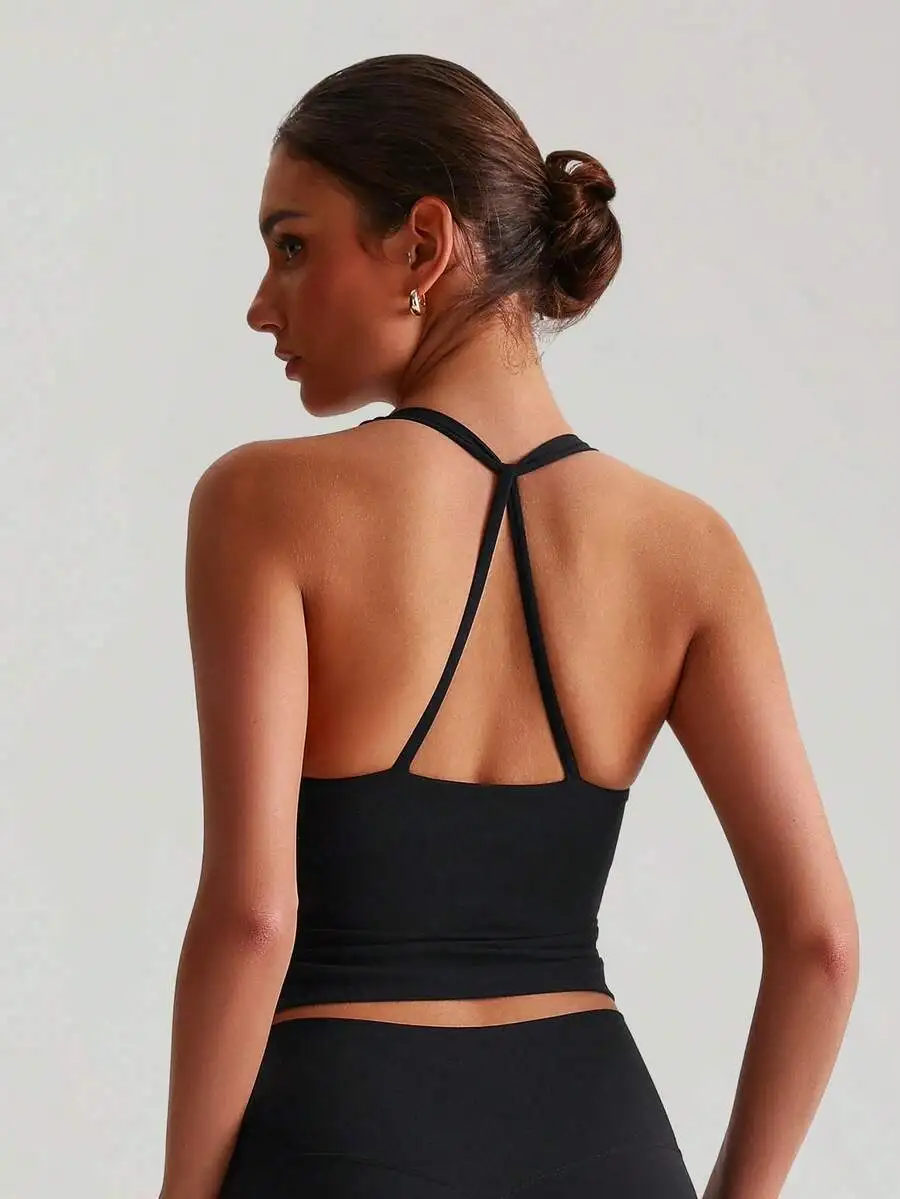 

Womens Sports Bra With Built-In Cups High Stretch Yoga Top Cross Back Design