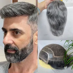 1B20 1B80 Grey Silver Hair Toupee for Men Mono Base with PU Human Hair Pieces Replacement System Lace Front Natural Hairline