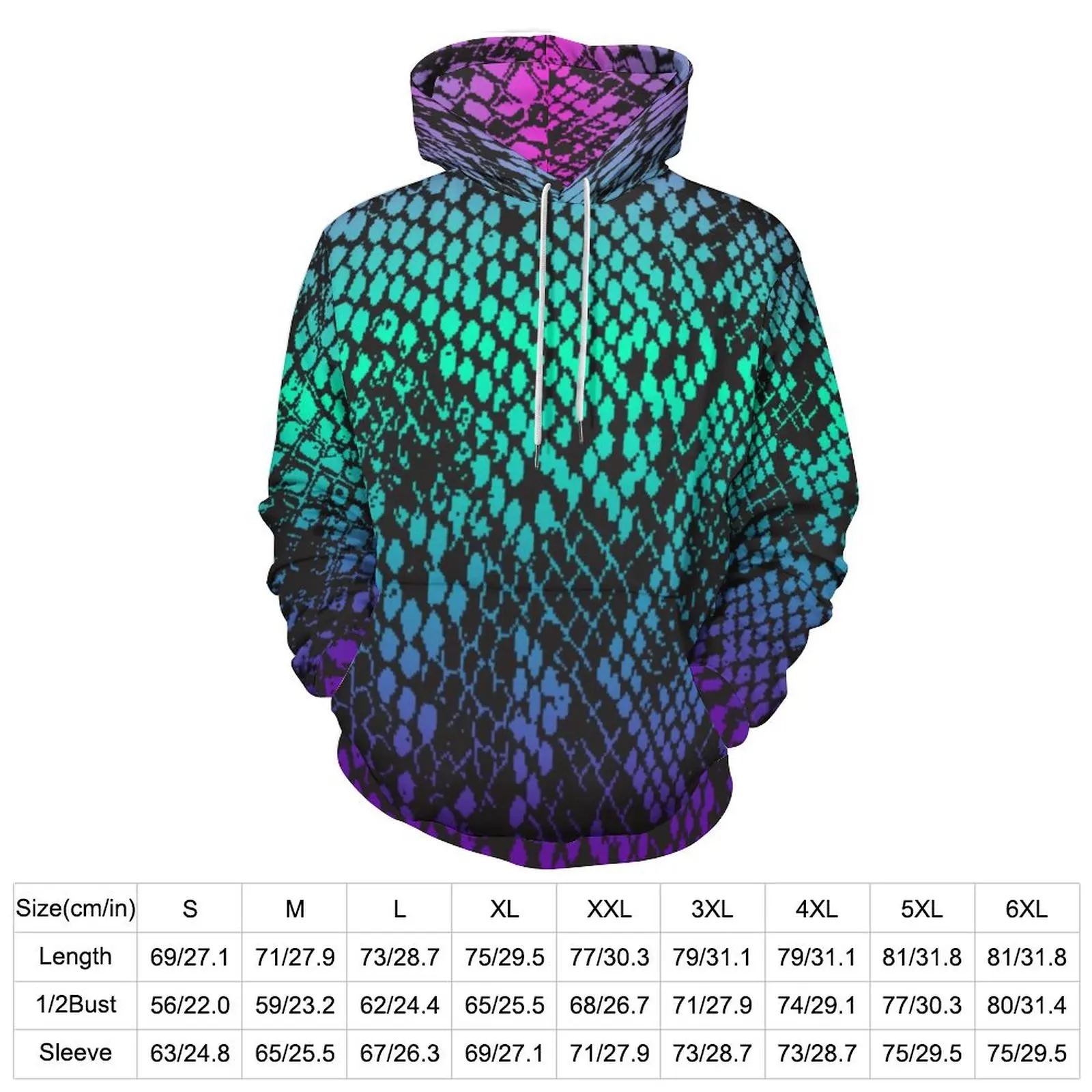 Multi-Color Fade Snakeskin Casual Hoodies Colorful Skin Print Loose Pullover Hoodie Man Long Sleeve Modern Pattern Top 5XL 6XL