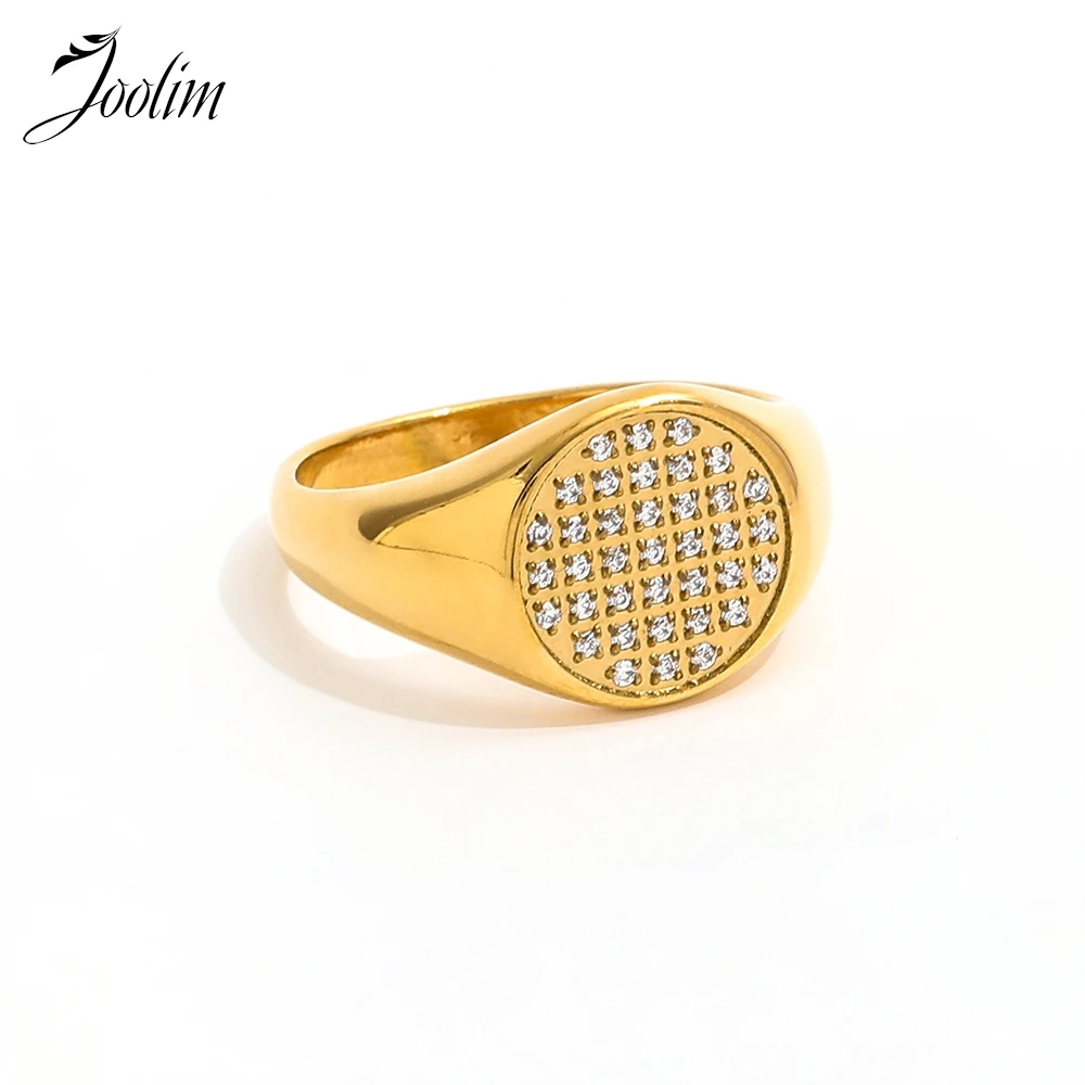 

Joolim Jewelry Wholesale High End PVD Waterproof Light Luxury Fashion Zirconia Pave Seal Stainless Steel Ring Trend For Women