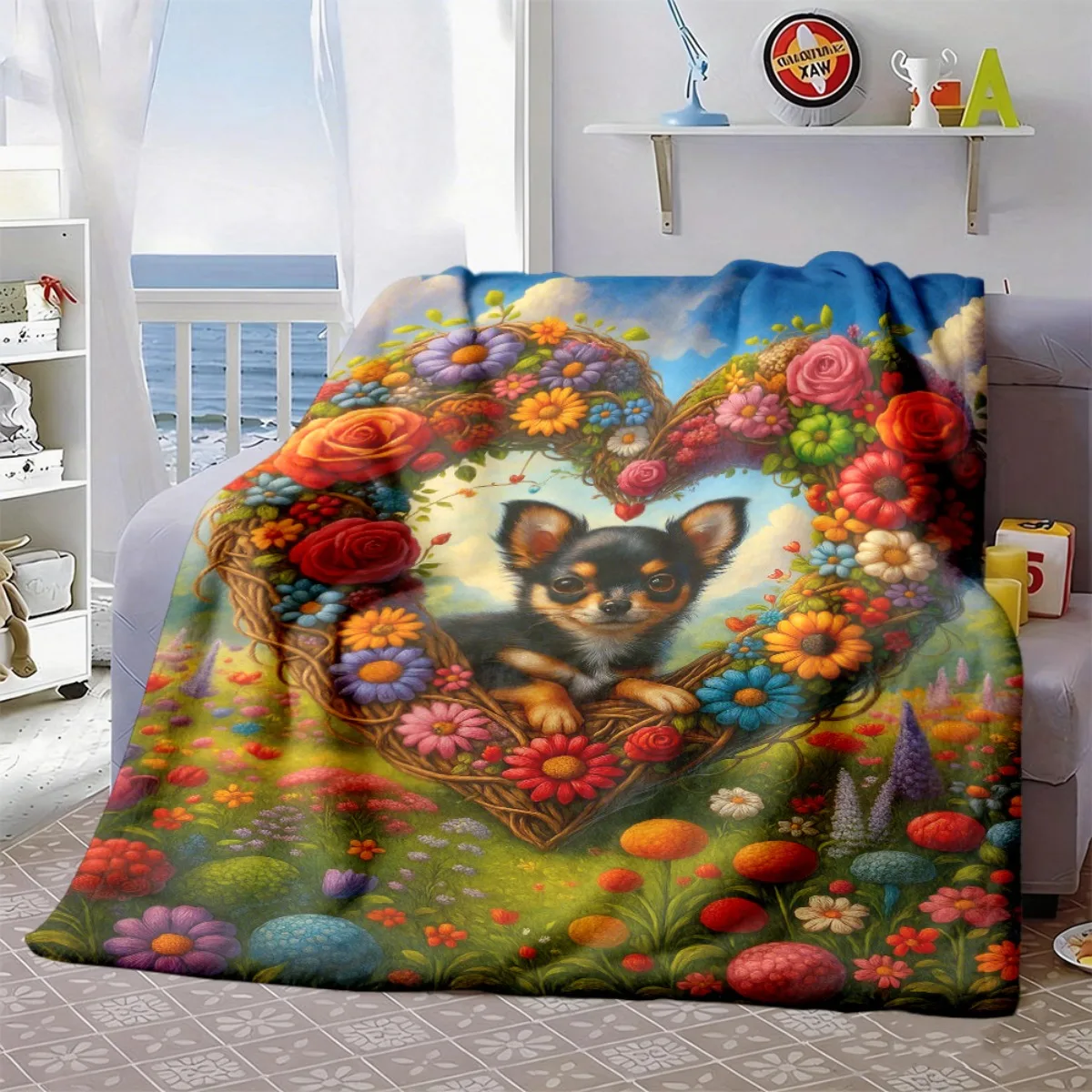 Romantic Floral Heart Chihuahua Art Flannel Blanket Soft Warm Rug for Rest Room Sweet Pet Flower Style Household Ornament