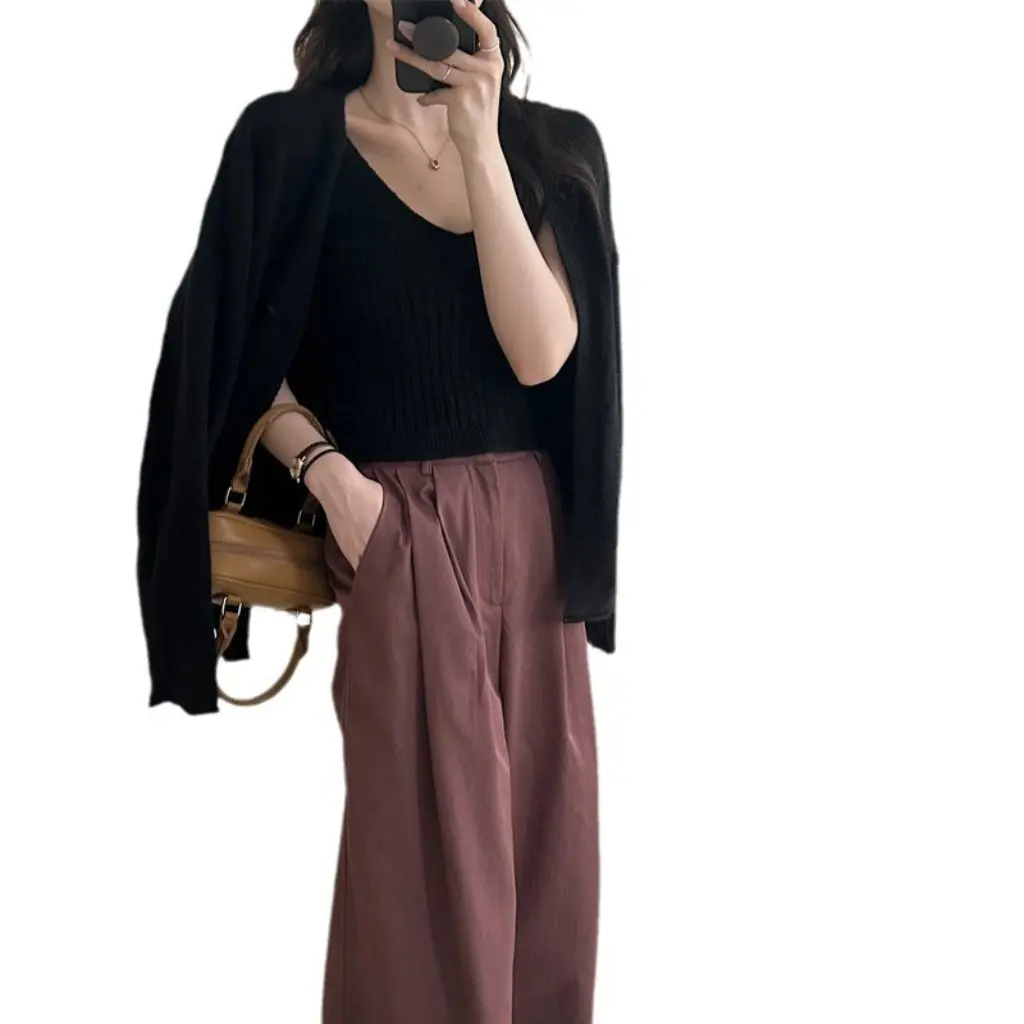 

Women's Soft Waxy Knitwear Jacket Lazy Style Fashion Retro Two-Piece Set Autumn Winter New Arrival