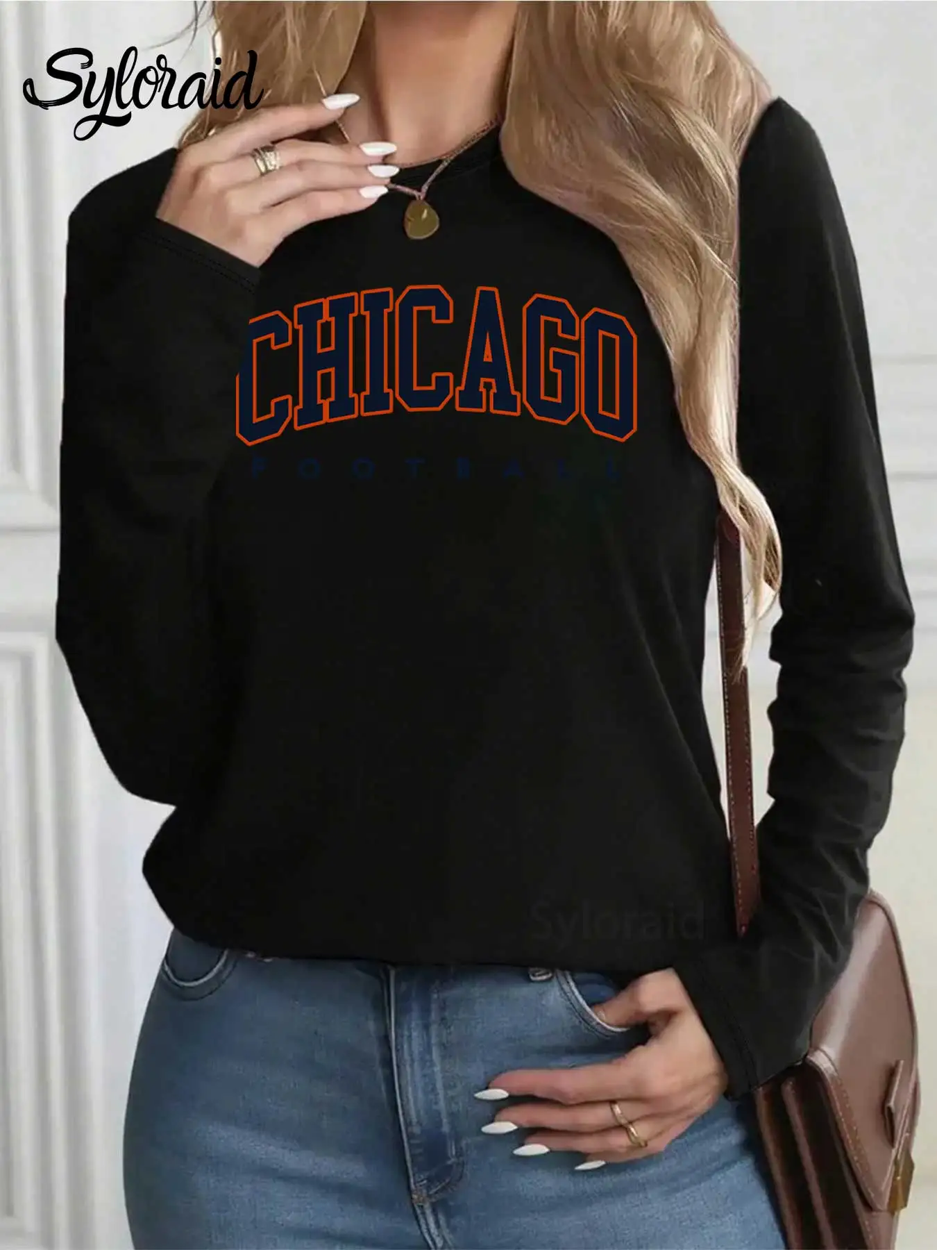 تي شيرت نسائي بأكمام طويلة مطبوع عليه كرة القدم شيكاغو تي شيرت يوم اللعبة قميص كاجوال برقبة دائرية #2