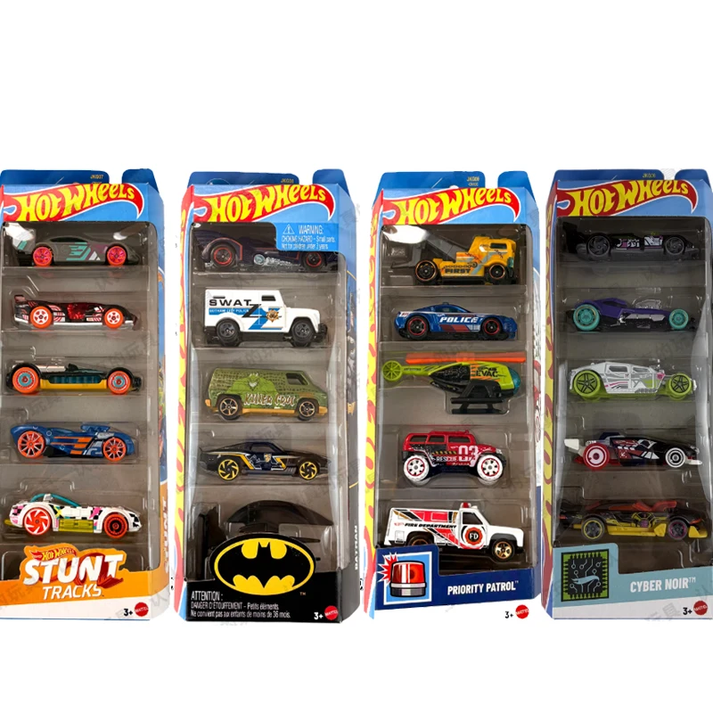 Auténtico Set de 5 Autos Hot Wheels, Juguetes para Niños, Escala 1:64, Vehículos de Acrobacias, Batman, Batmóvil, Patrulla Prioritaria, Cyber Noir, Modelo de Auto de Colección