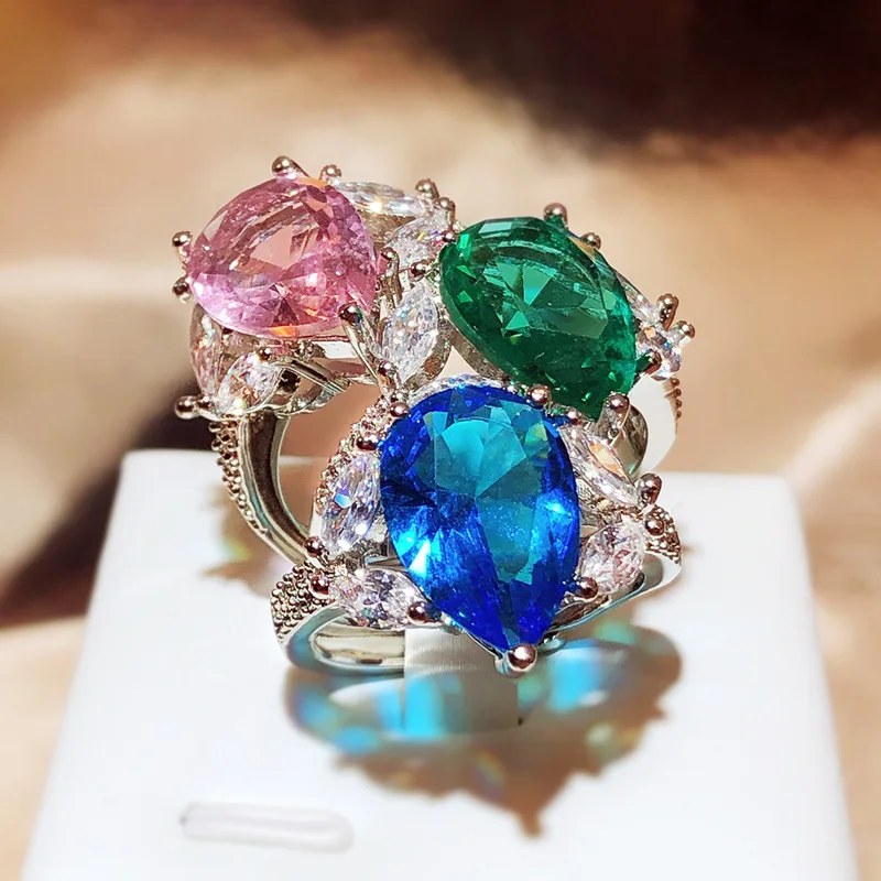 Bunga lapisan ganda kreatif daun Oval safir Pink 925 cincin perak perhiasan pertunangan terbuka wanita dapat disesuaikan