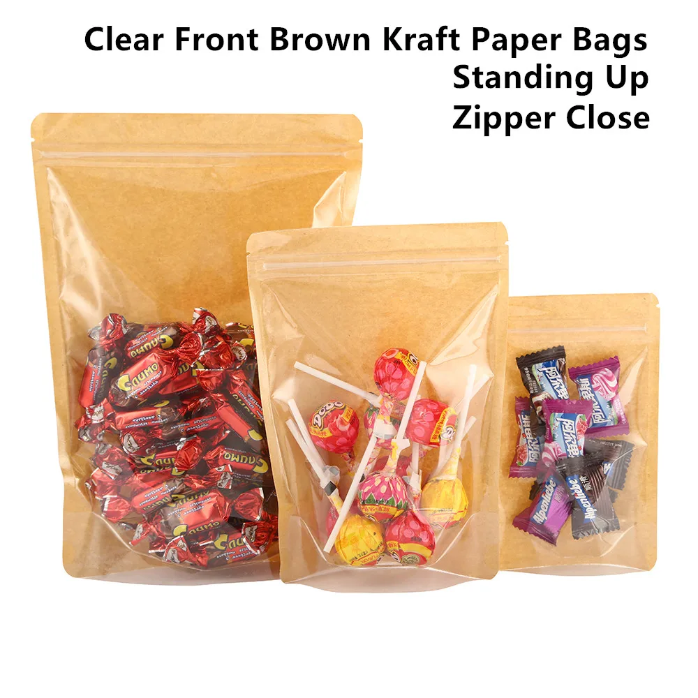 

100pcs Brown Stand Up Kraft Paper Zip Lock Bags with Clear Front - Food Grade Paper Pouches Zipper Self Sealing Snacks Package