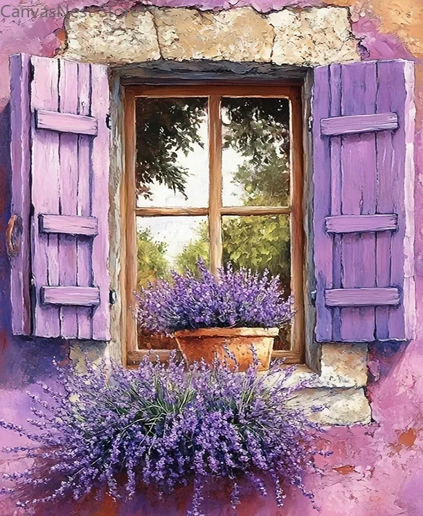 Provence Lavender Window Canvas Wall Art Set, Purple Wooden Shutters Floral Window Landscape Print for Teen Bedroom Dorm Home