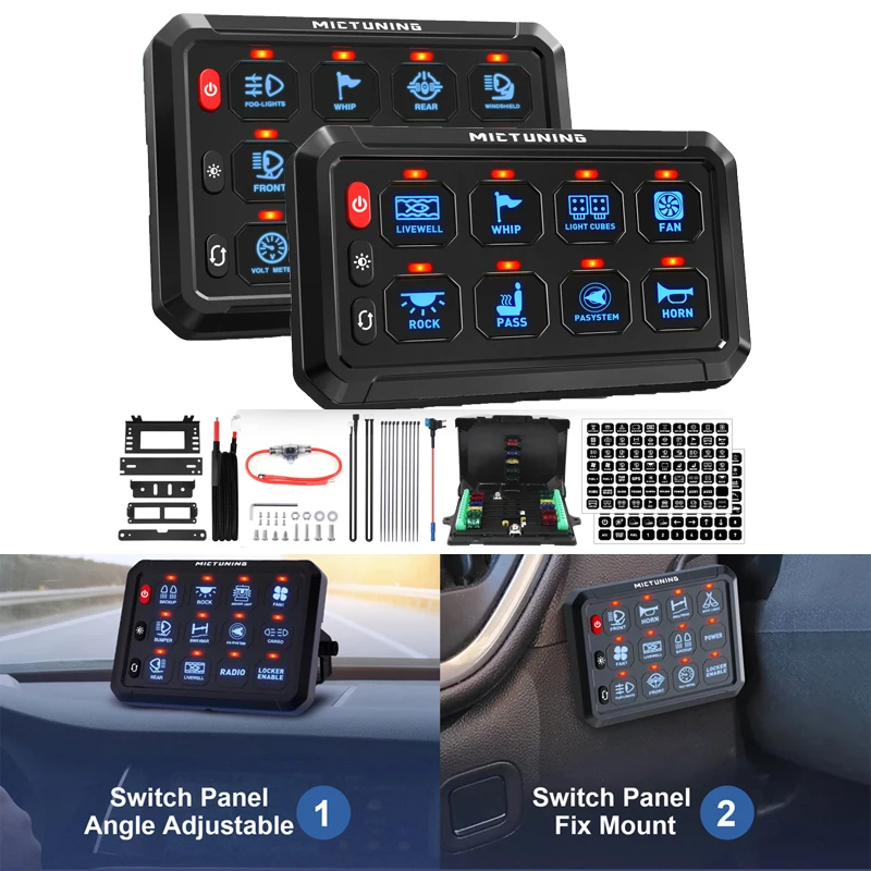 

MICTUNING P1S Blue 8/12 Gang Switch Panel Circuit Control Relay Box LED On-Off Adjustable Brightness for Car ATV Truck Camper