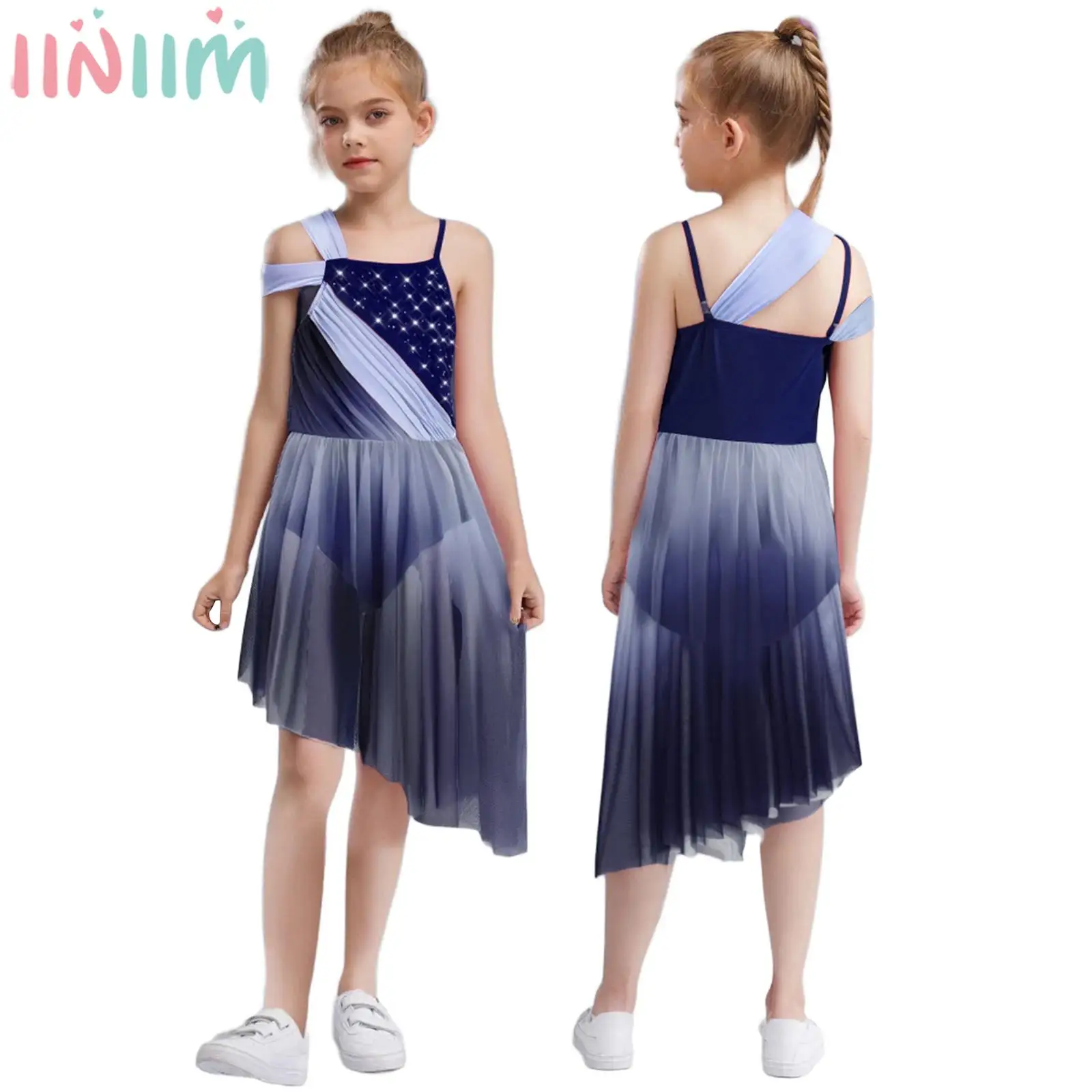 

Teen Girls Lyrical Dance Dress Sleeveless Shiny Rhinestones Sheer Mesh Figure Skating Gymnastics Leotard Dresses Dancewear