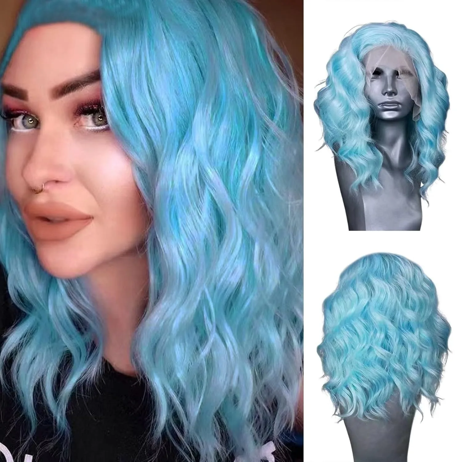 Light Blue Colored Short Natural Wave Lace Front Wig for Women Synthetic And Blend Lace Wigs Cosplay Makeup Wear Blue Hair