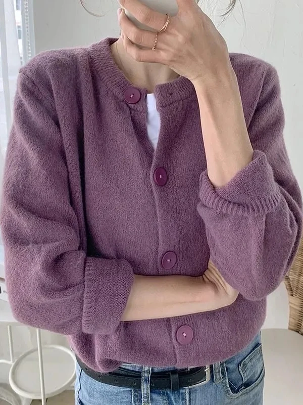 

Loose Knitted Cardigan Pure Color Spring Autumn Korean Sle round Ne Sweater Soft Ele Sle Commute Faion Women's Coat