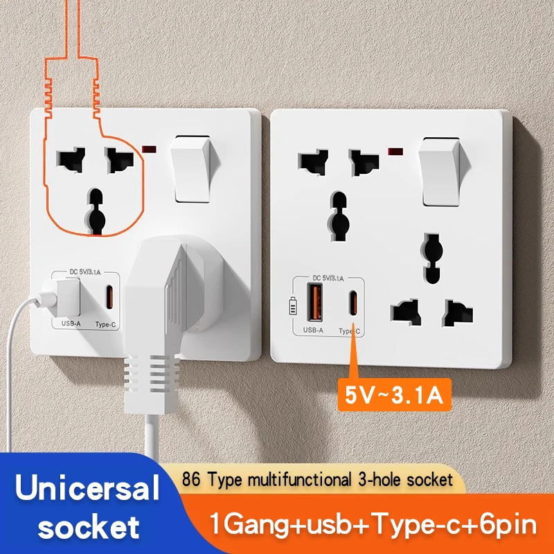 Multifunctional 1Gang 6 six-Hole Sockets With USB+Type-c Charging 86-Type Concealed Universal Three Pin Plug With Switch Control