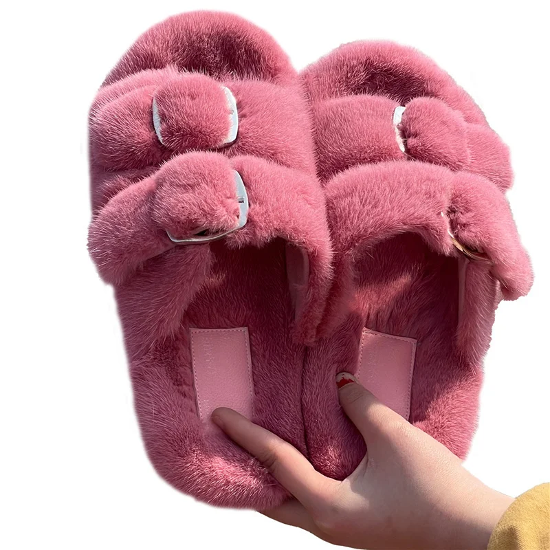 European Station Natural 100% High Quality Mink Hair Men And Women's Fur Slippers Home Flat Soft Plush Sandals For Girl New 2023