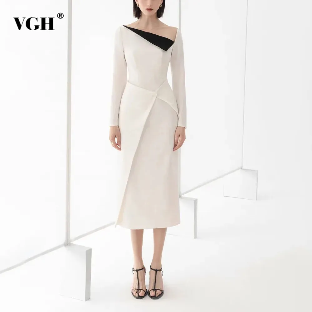 

VGH Hit Color Irregular Elegant Dress For Women Diagonal Collar Long Sleeve High Waist Slimming Temperament Dresses Female New