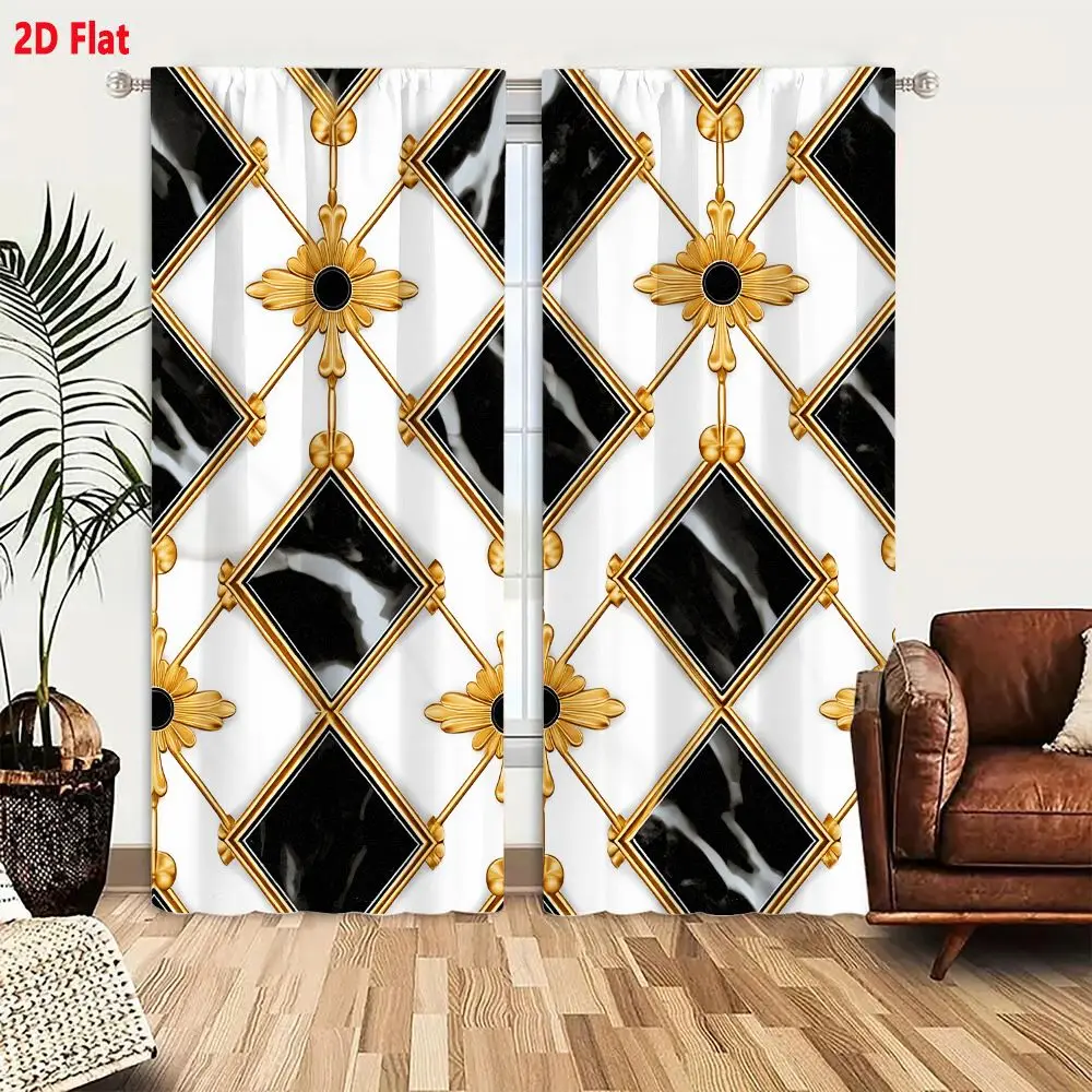 2Pcs Curtains 2D Flat Black And White Marble-Like Diamonds With Gold Border And Ornate Rosette Floral Motifs Decorative Pattern