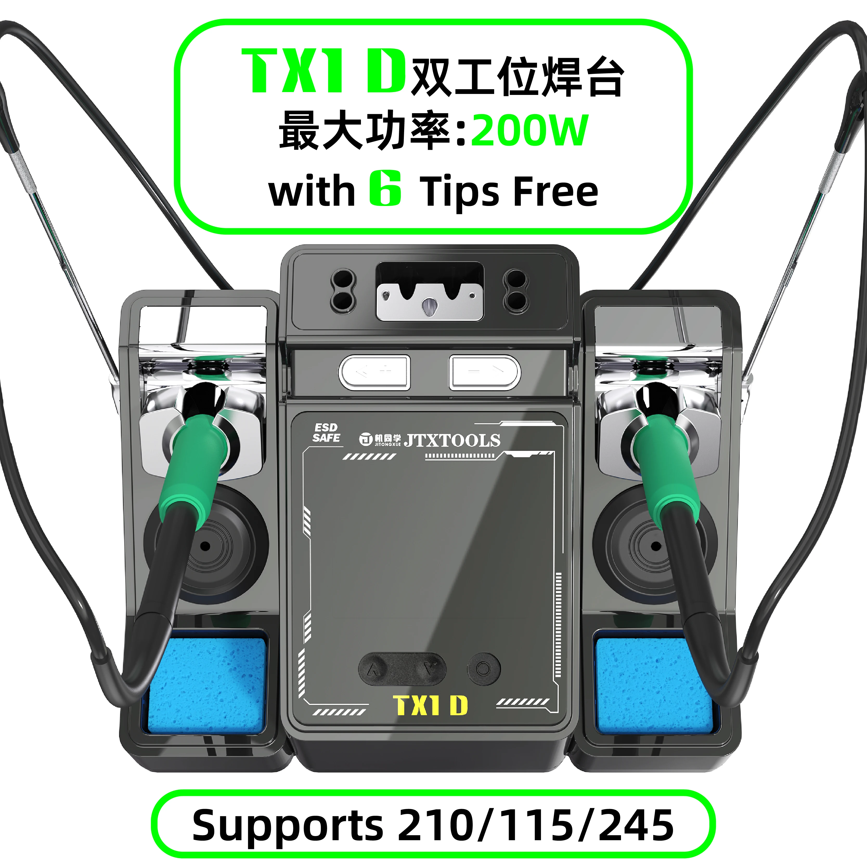JTX 200W Dual Soldering Station Transformer Fast Heating 90-450°C for Phone PCB Repair C115/210/245 Handle Iron Tips Compatible