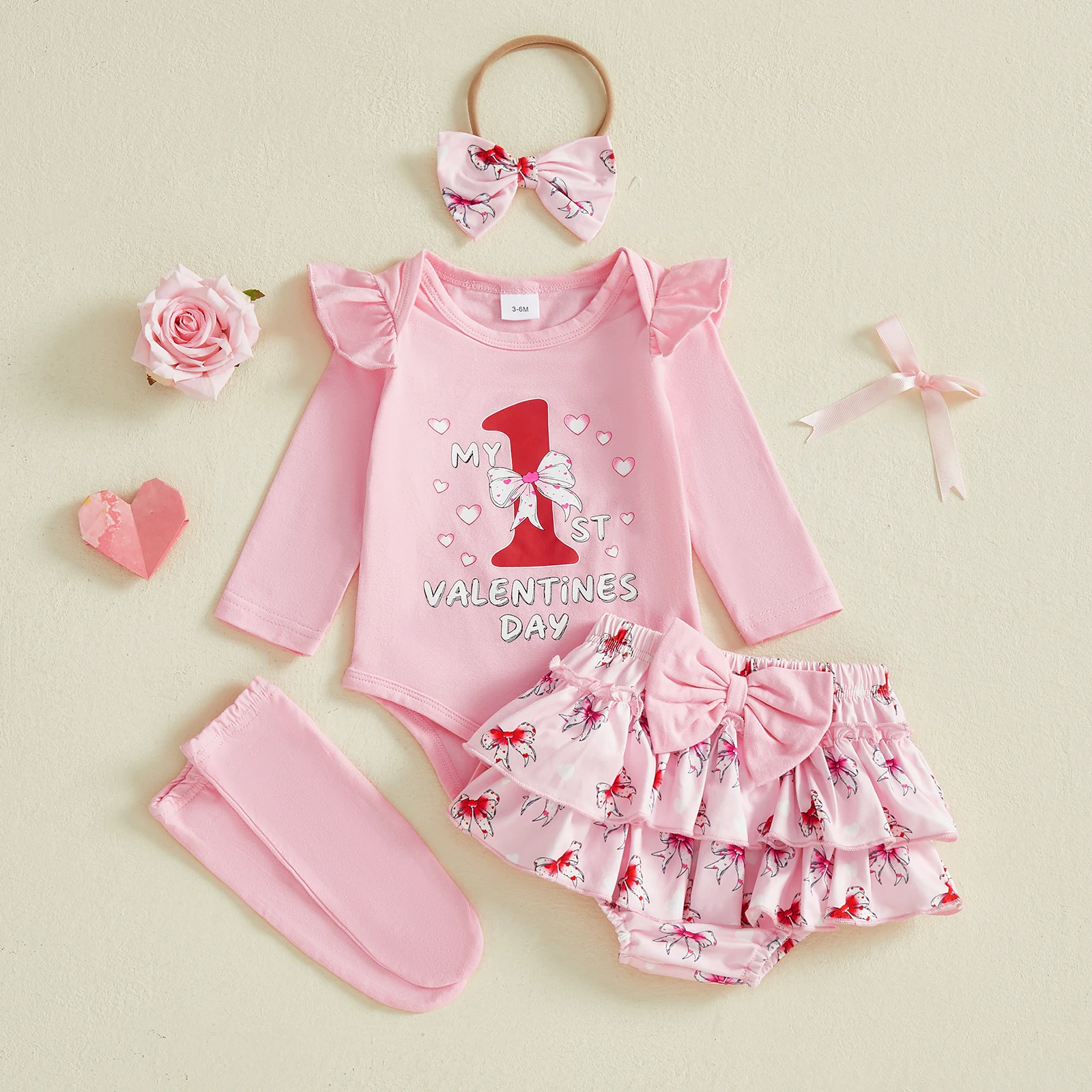 0-18M Infant Baby Girl First Valentines Day Outfits Letter Long Sleeve Round Neck Romper Bow Shorts Headband Long Socks
