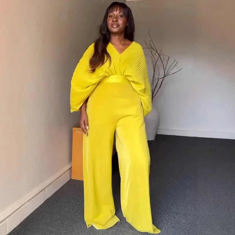 Solid Elegant Night Party Club Birhtday Outfit Women 2 Piece Set Loose Batwing Sleeve Pleat Top and Wide Leg Pants Matching Sets