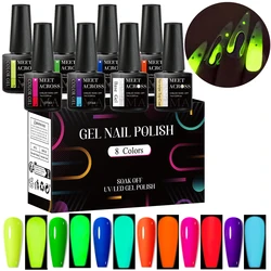 MEET ACROSS 8Pcs/Set Glow In Dark Gel Nail Polish Glitter Luminous Fluorescent Gel Vernis Semi Permanent Nail Art UV LED Varnish