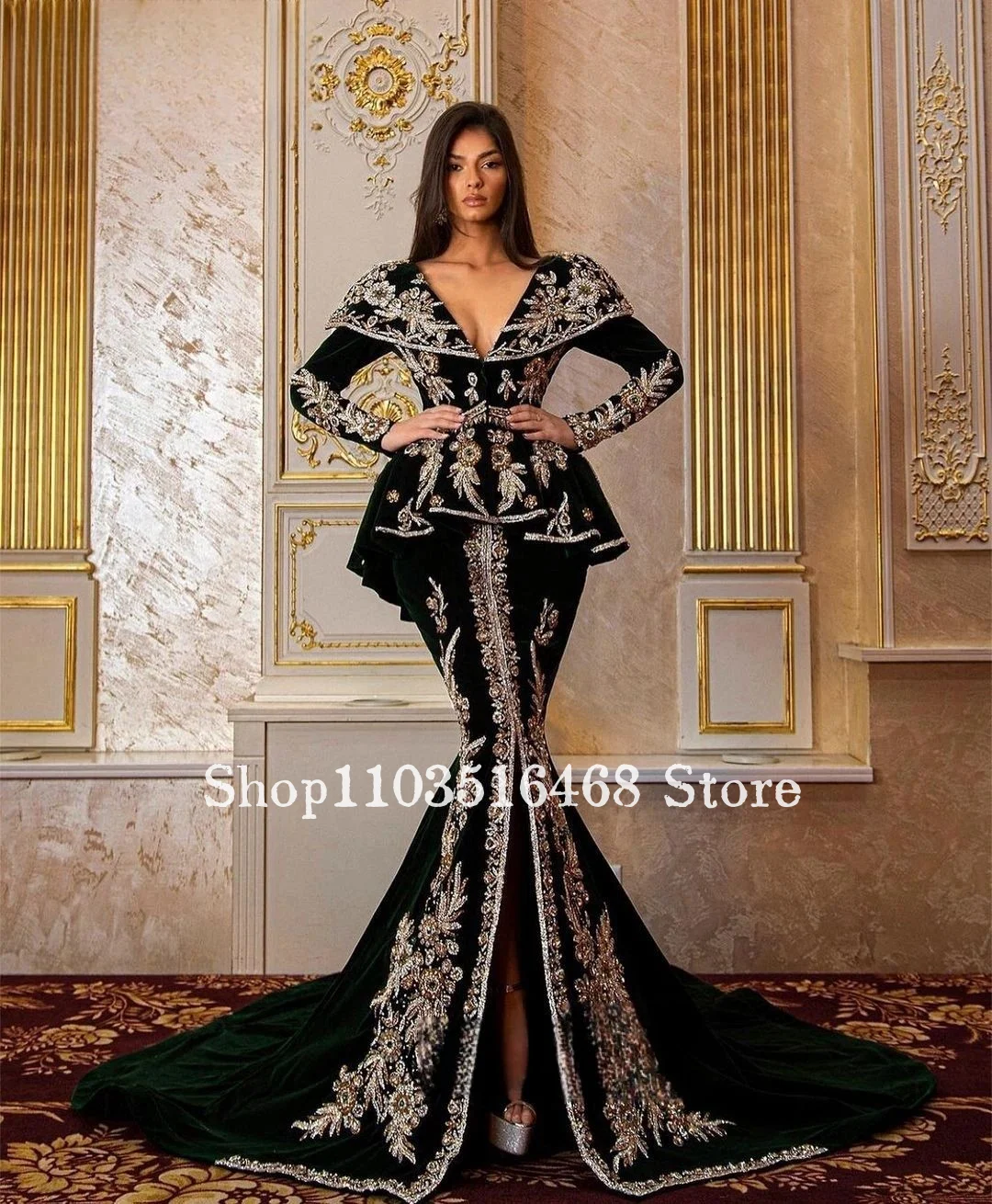 ชุดราตรีสีดำสุดหรูหรา ปักดิ้นทอง แบบอาหรับทรงเมอร์เมด สำหรับงานพรอม หรืองานเลี้ยงอย่างเป็นทางการ
