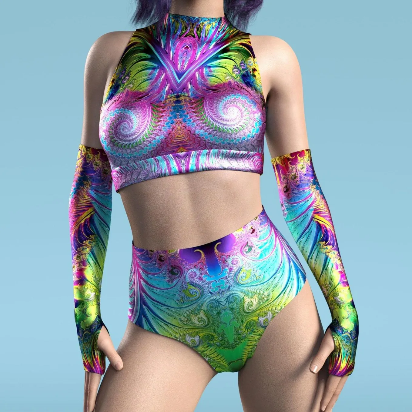 

Women Cyber Punk Mermaid Scale Cosplay Costume Swimsuit Set Halloween Party Colorful Tops Shorts Modern Dance Rave Out Swimwear