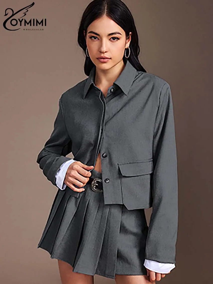 Oymimi Fashion Grey Patchwork Sets For Women 2 Pieces Elegant Long Sleeve Pockets Button Shirts And Pleated Mini Skirts Sets