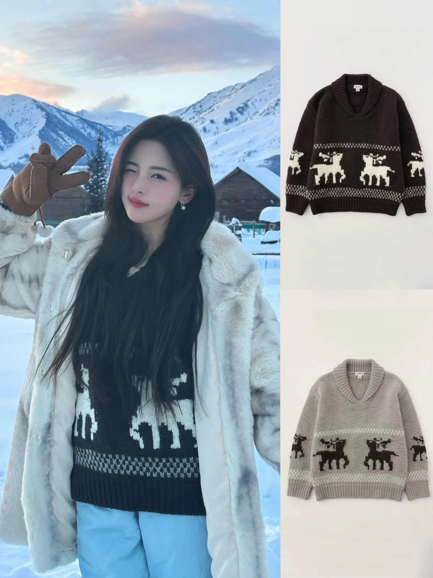 

Miss Candy Sienne Vintage Collar Loose Casual Knitted Sweater Cisas Aosphere Deer Pattern Women's Wool Blend Long Sv...