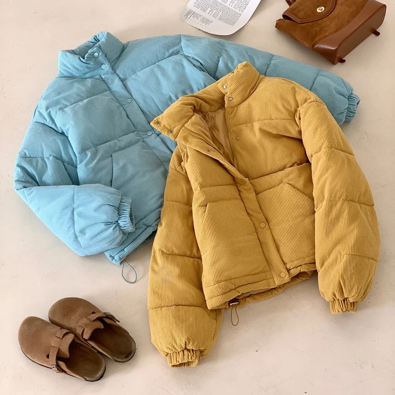 Giacca invernale in velluto a coste di cotone per donna tinta unita coreana colletto rialzato semplice caldo moda casual nuovo cappotto addensato femminile