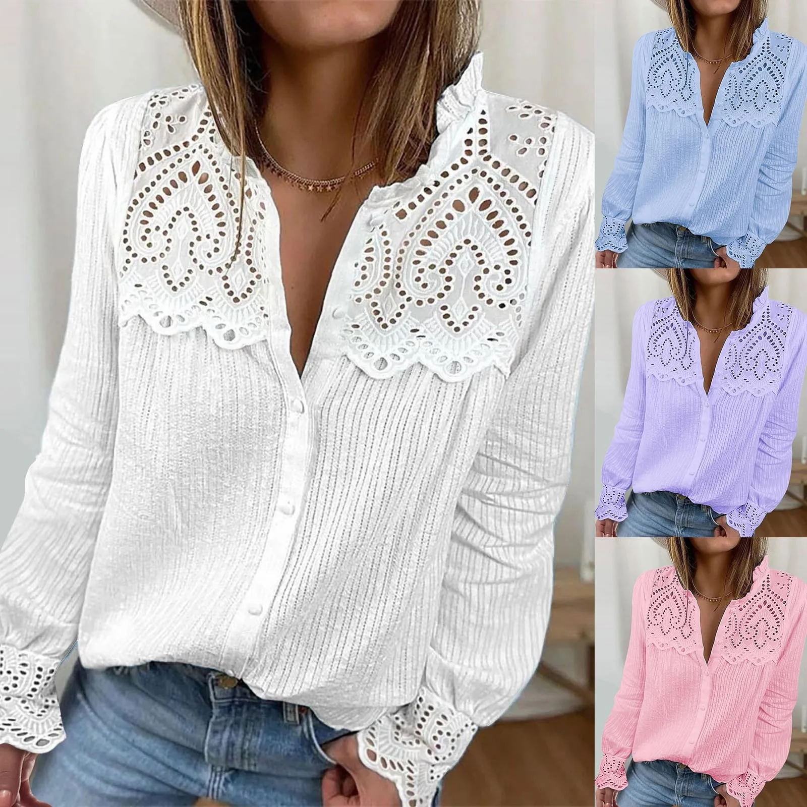 Women\'S Cotton Comfortable Breathable Sweat Absorbing Hollow Lace Long Sleeved Shirt Single-Breasted Front Collar Office Blouses