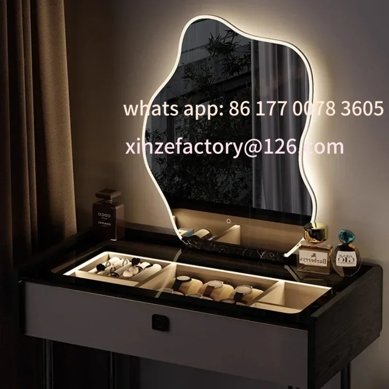 Meja Rias Mewah dengan Lampu yang Dapat Disesuaikan, Dilengkapi Kunci, Meja Rias Minimalis Italia dari Kayu Solid