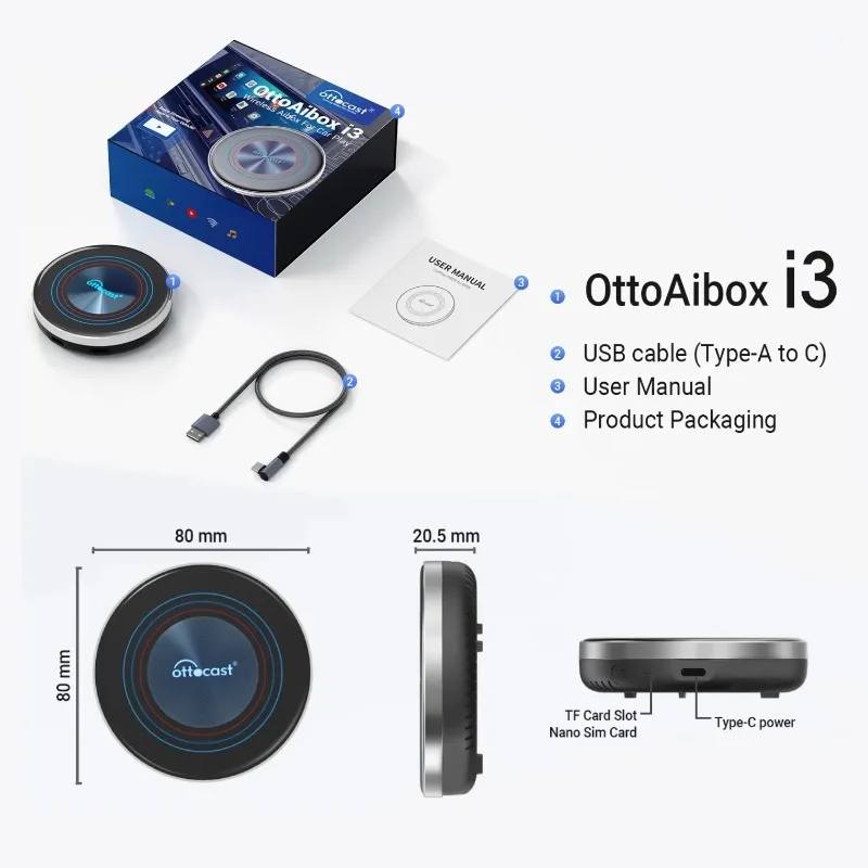 OTTOCAST I3 AI Box Android13 8+128GB Wireless CarPlay&Android Auto