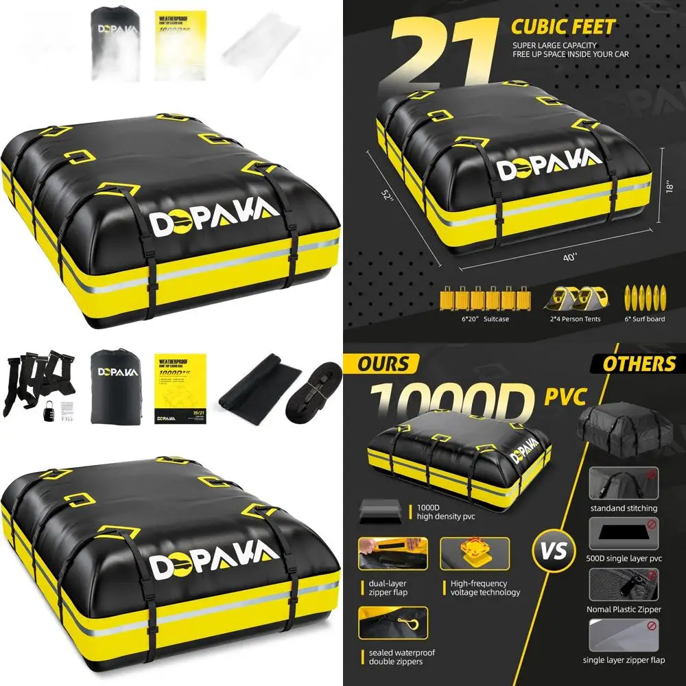 

Waterproof 1000D Heavy-Duty Rooftop Cargo Bag, 21 Cubic Feet, Universal Fit, Luggage Lock, 6 Hooks